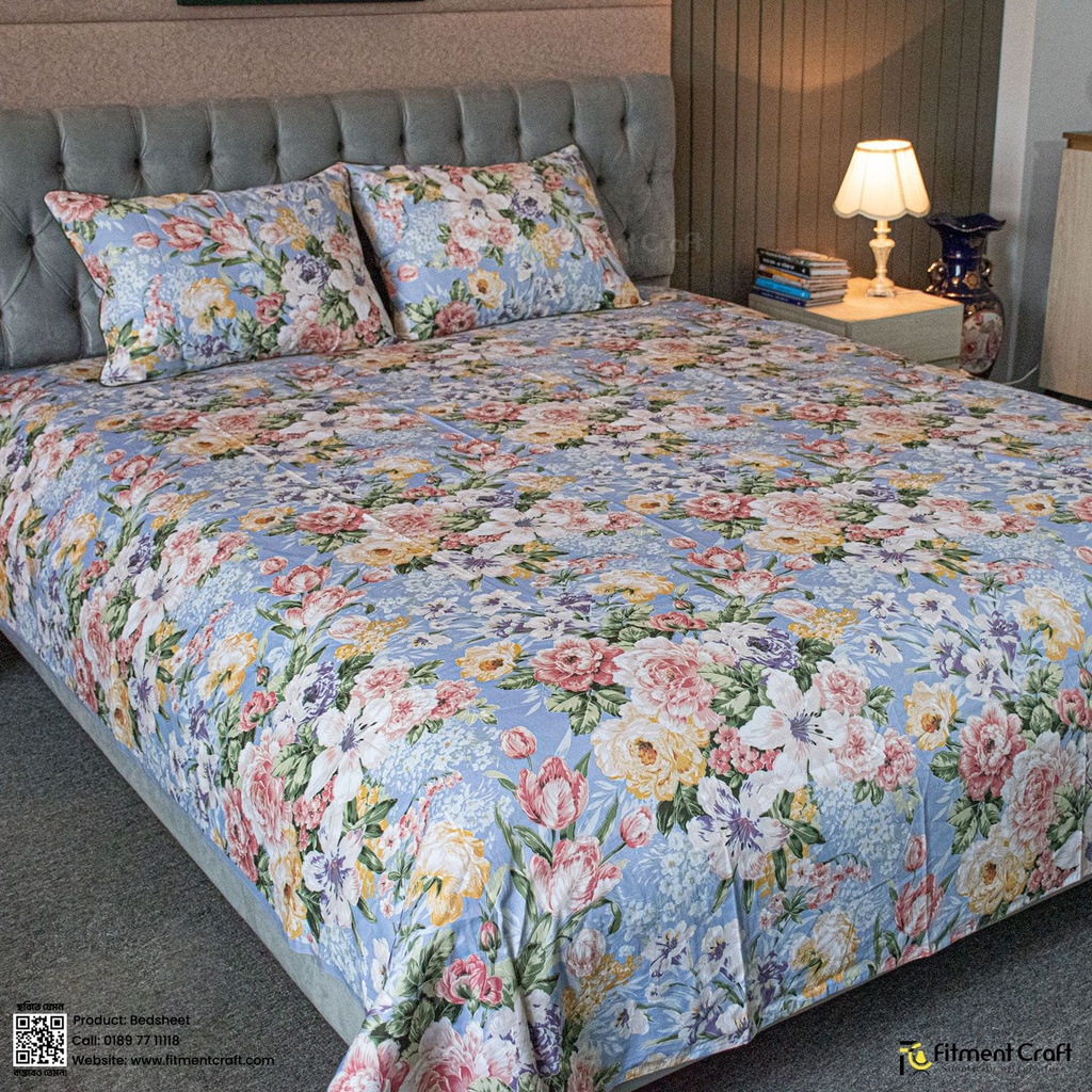 Monsoon Blooms Print Bedsheet- Heather Blue - PBS-0052